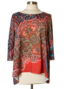 French Blue XL Tunic Boho Paisley Lace Back 3/4 Slv Elegant Festive Desert